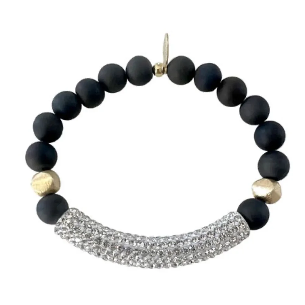 Stretch Bracelet Black Druzy Stone Beads & Crystal Rhinestone Bar NEW
